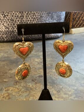 Sterling Silver Heart Drop Earrings with Coral Inlay - Women Jewelry